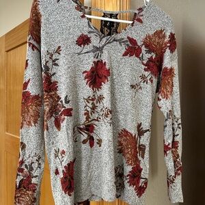 Maurices Gray and Red Floral V-Neck Sweater